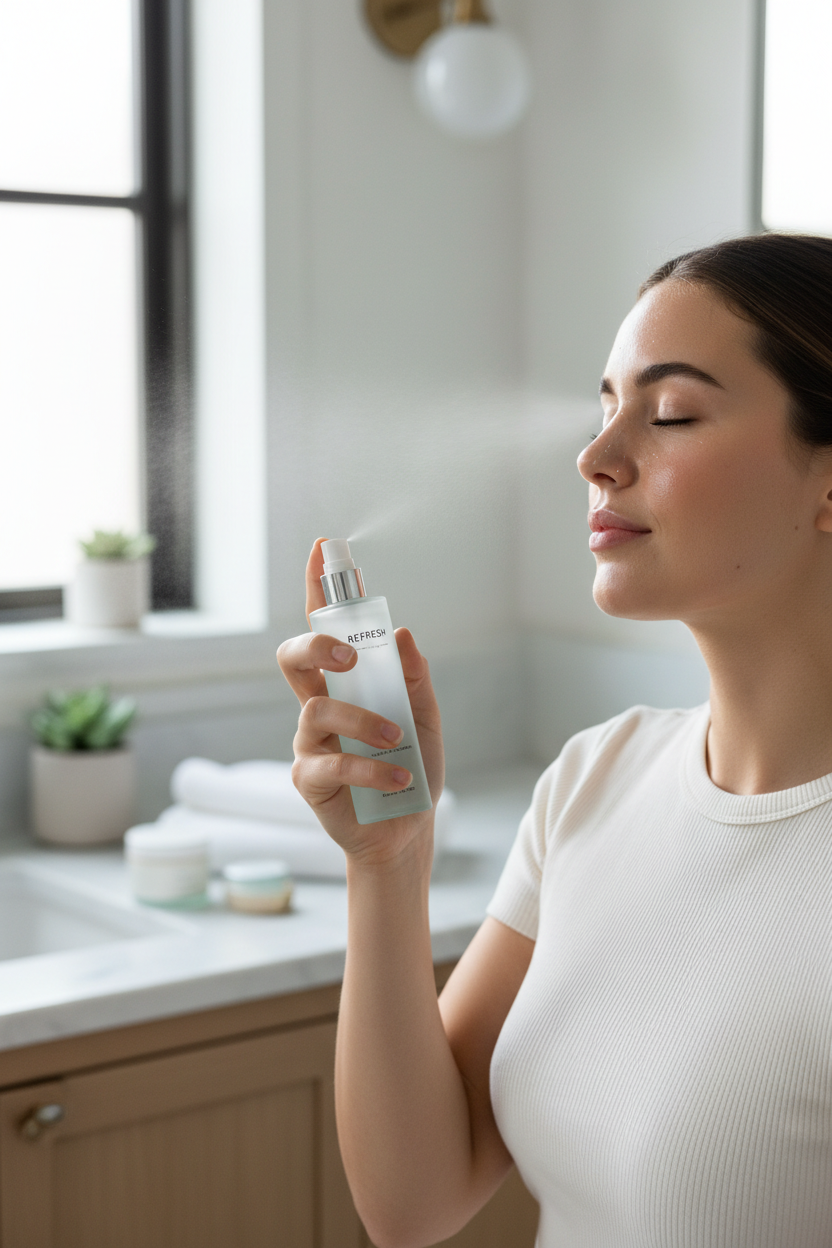 Lifestyle shot of woman misting face with facial spray